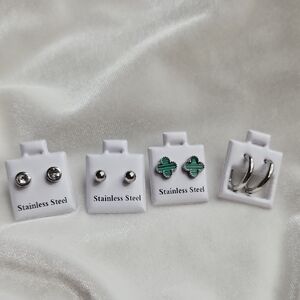 Lot of 4 Stainless Steel Green Clover Silver Hoop Earrings Rhinestones Studs